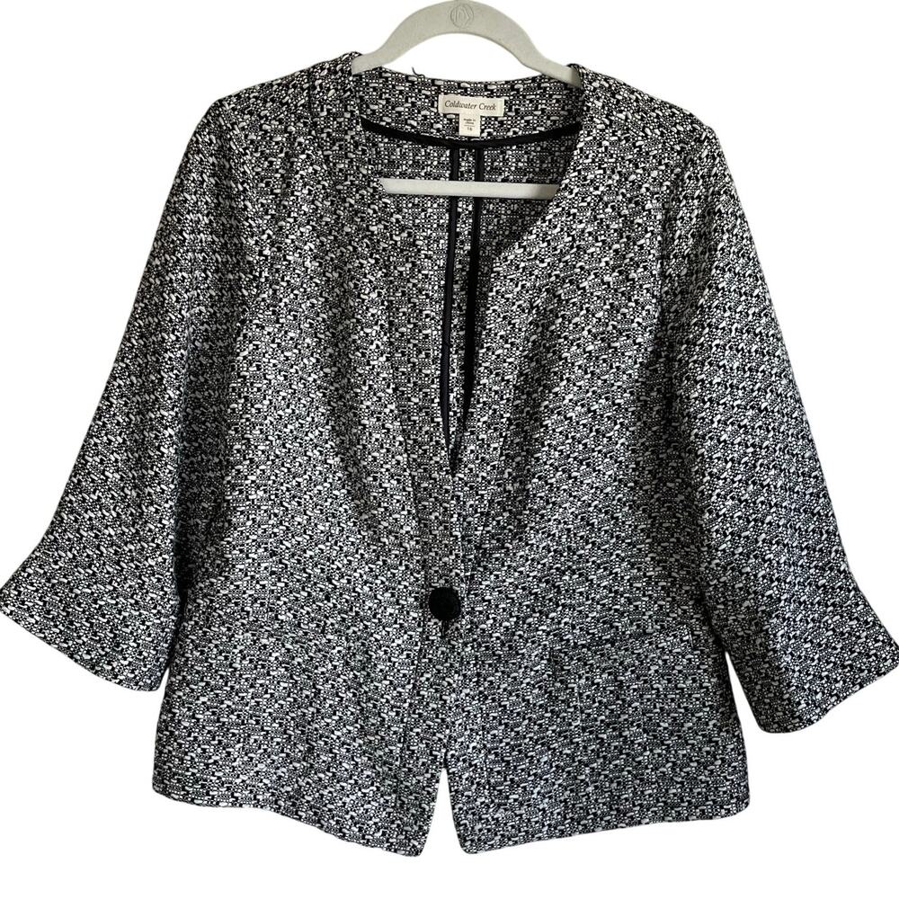 Coldwater Creek Tweed Blazer Jacket Sz 16 Black White 3/4 Sleeves Button Detail